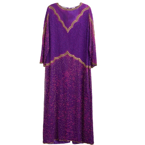 VTG Beaded Purple 100% Silk Plus Size Flapper Dress French Long Sleeve Floor - Picture 1 of 8